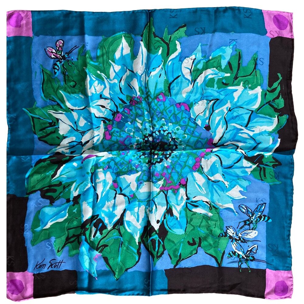 Beautiful Ken Scott 100% Silk Scarf, Flower & Bees w/tags. Designed in Italy